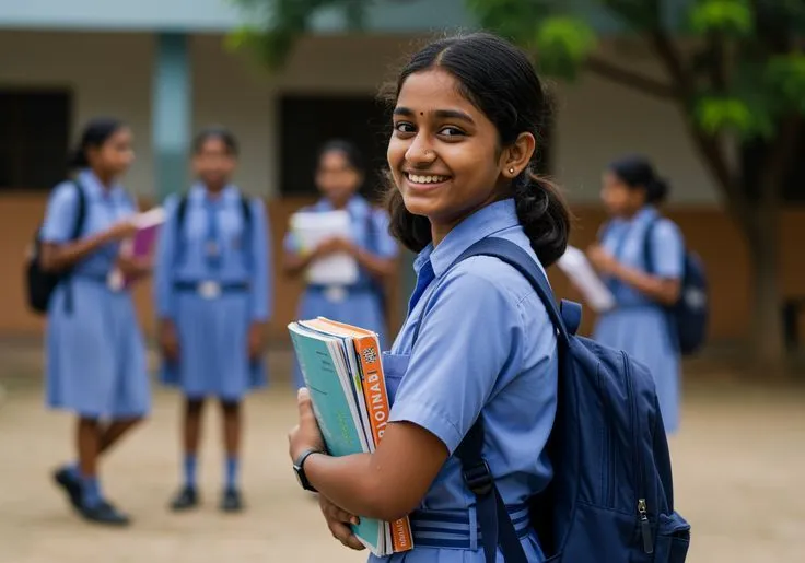 A Class 11 student smiling with her books