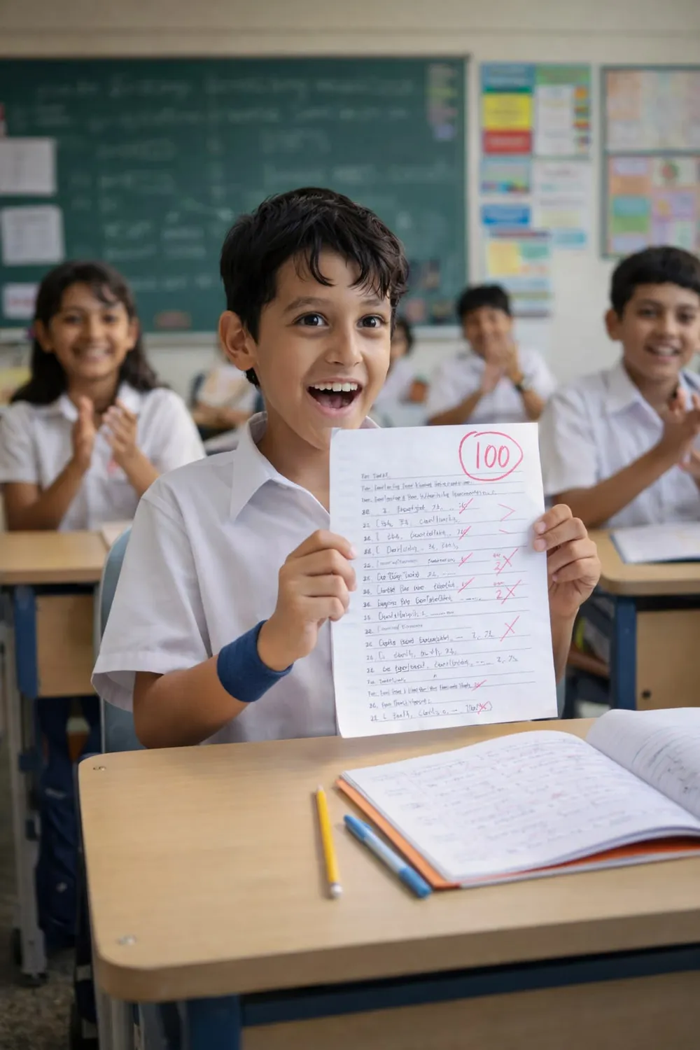 A student proudly showing a 100-marks test while classmates clap